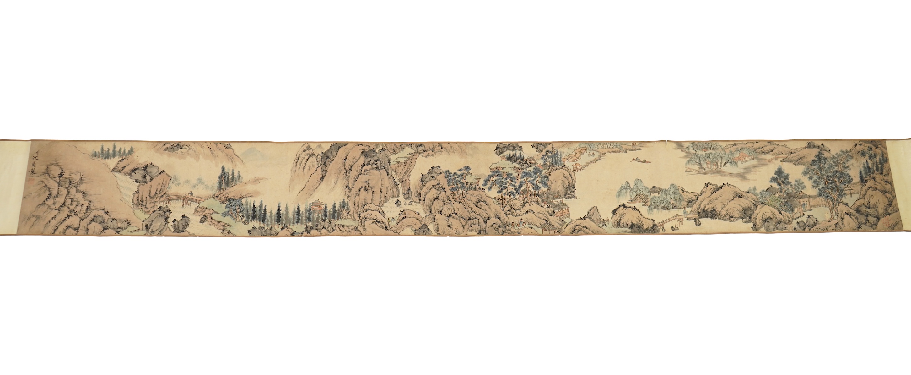 Chinese School , (Qing dynasty), Figures in a mountainous river landscape, Ink and colour on paper handscroll, 268.5cm x 29cm excluding borders